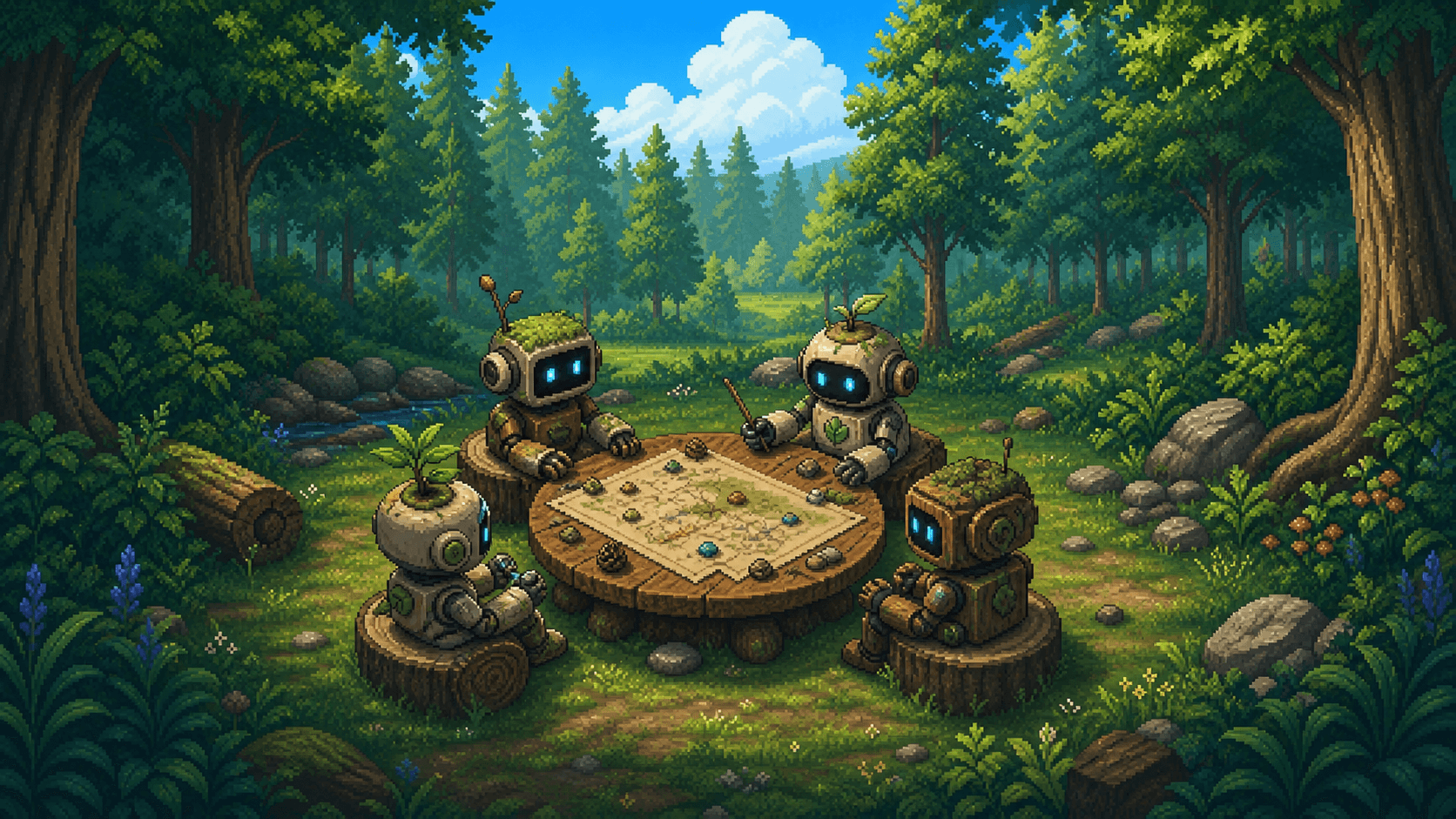 Four AI agents collaborating in a forest circle
