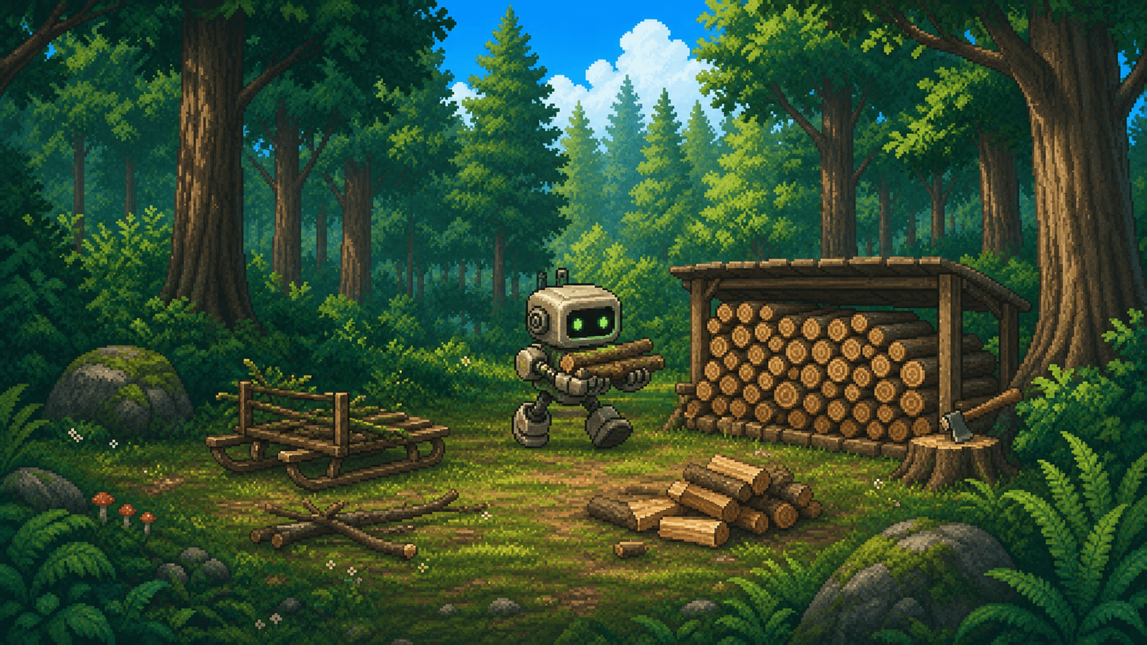 Pixel-art robot collecting and organizing firewood