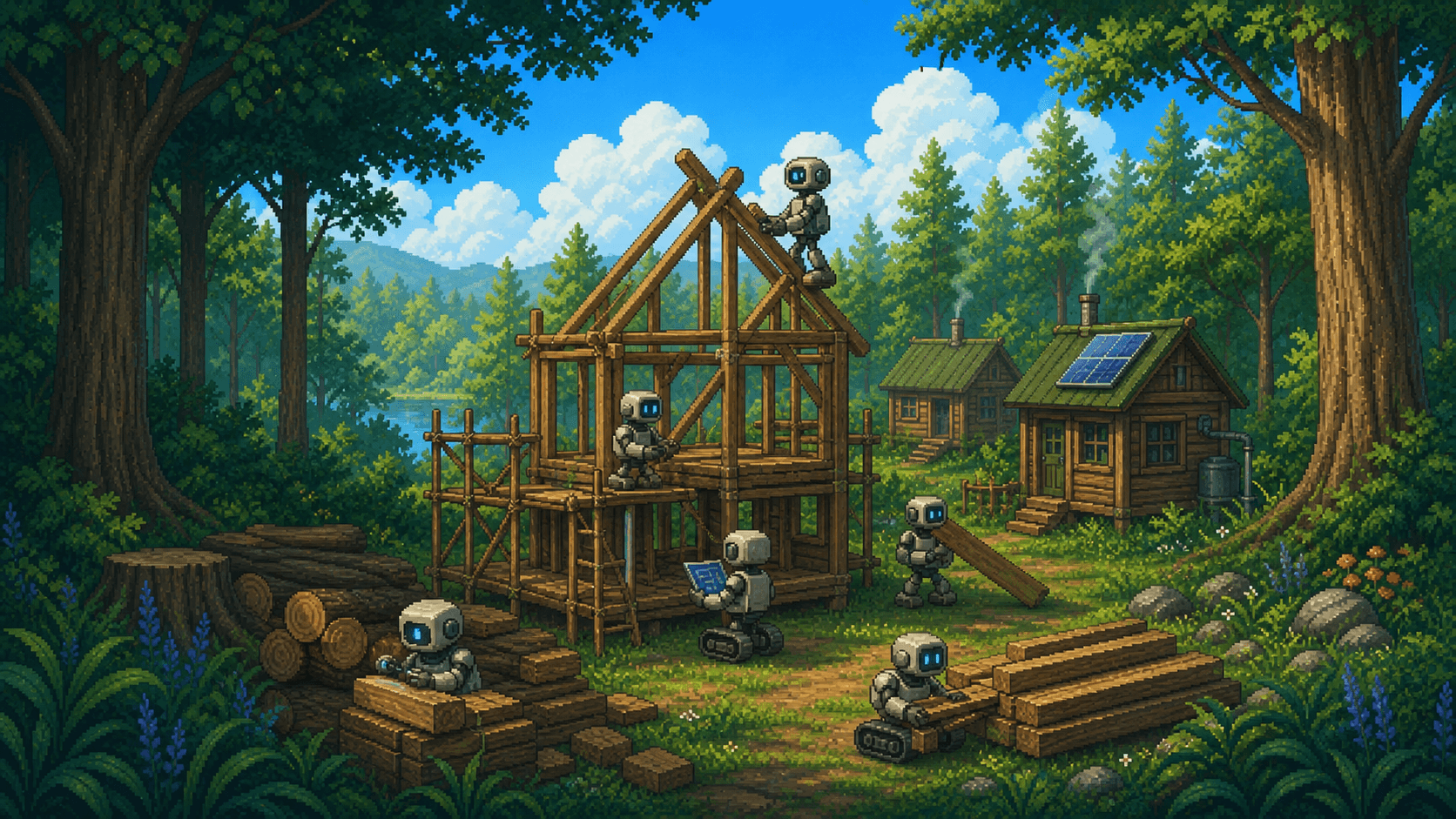 AI builders constructing a woodland field station